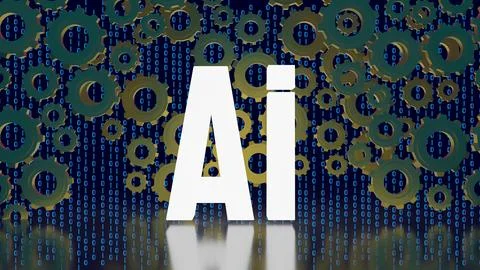 Artificial Intelligence with Mechanical Gears and Binary Code 3d render. Stock Illustration