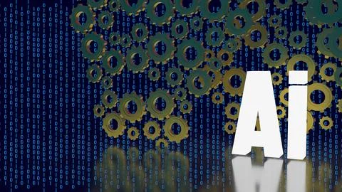 Artificial Intelligence with Mechanical Gears and Binary Code 3d render. Stock Illustration