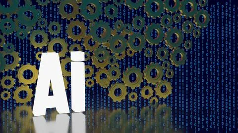 Artificial Intelligence with Mechanical Gears and Binary Code 3d render. Stock Illustration