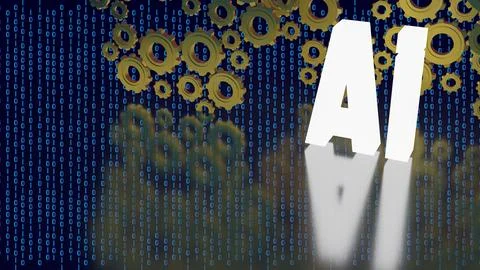 Artificial Intelligence with Mechanical Gears and Binary Code 3d render. Stockillustratie