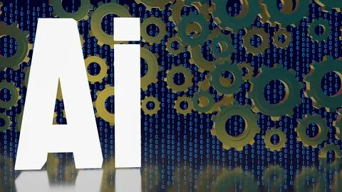 Artificial Intelligence with Mechanical Gears and Binary Code 3d render. Illustration