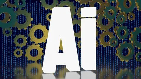 Artificial Intelligence with Mechanical Gears and Binary Code 3d render. Stock Illustration