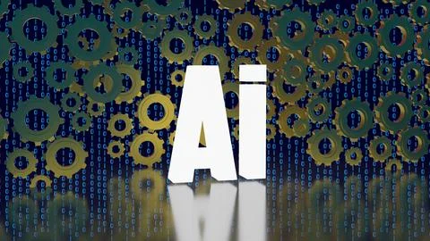 Artificial Intelligence with Mechanical Gears and Binary Code 3d render. Illustration