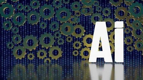 Artificial Intelligence with Mechanical Gears and Binary Code 3d render. Illustration