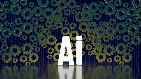 Artificial Intelligence with Mechanical Gears and Binary Code 3d render. Illustration