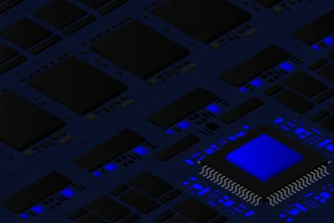 Artificial intelligence micro chip illustration. Quantum computing. PC mainbo Illustrazione stock