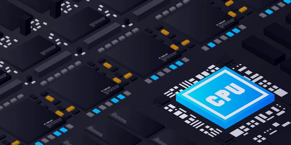 Artificial intelligence micro chip illustration. Quantum computing. PC mainbo Illustrazione stock