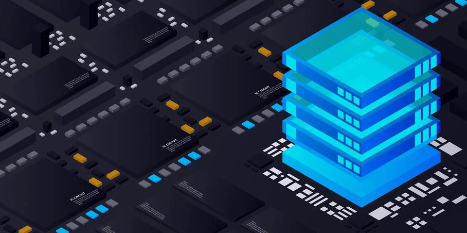 Artificial intelligence micro chip illustration. Quantum computing. PC mainbo Illustrazione stock