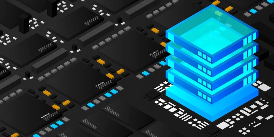 Artificial intelligence micro chip illustration. Quantum computing. PC mainbo Stock Illustration