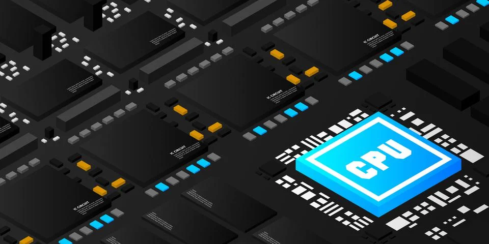 Artificial intelligence micro chip illustration. Quantum computing. PC mainbo Stock Illustration