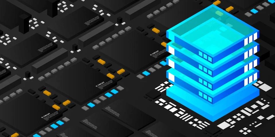 Artificial intelligence micro chip illustration. Quantum computing. PC mainbo Illustrazione stock