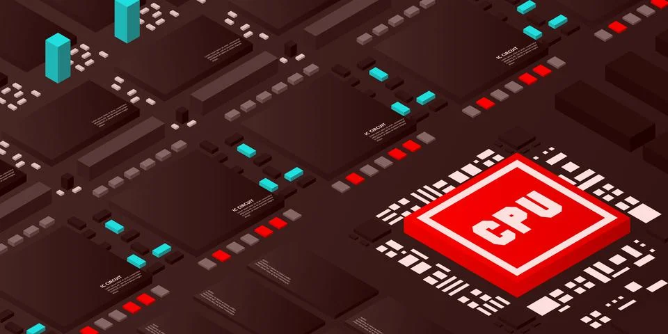 Artificial intelligence micro chip illustration. Quantum computing. PC mainbo Stock Illustration