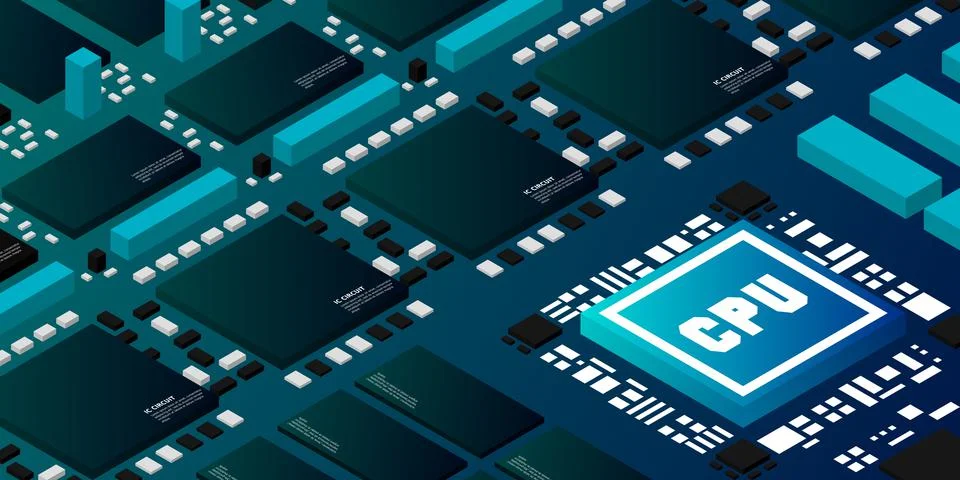 Artificial intelligence micro chip illustration. Quantum computing. PC mainbo Stock Illustration