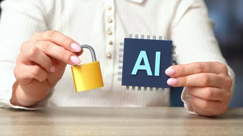 Artificial intelligence with a microchip and padlock represents data security. Stock Footage 342813211