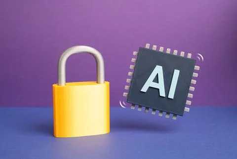 Artificial intelligence with a microchip and padlock represents data securi.. 스톡 사진