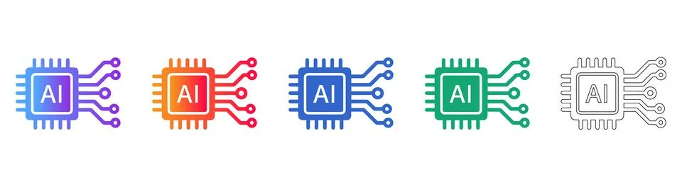 Artificial Intelligence Microchip and Processor Icons Set Stock Illustration