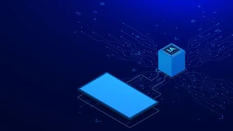 Artificial intelligence with microchip and smartphone isometric Illustrazione stock