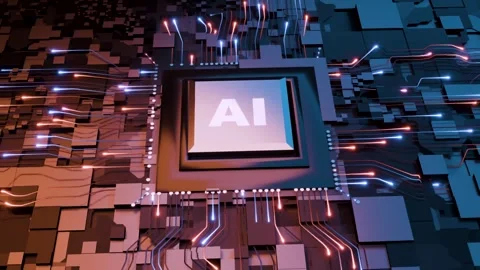 Artificial Intelligence Microchip with Data Streams on Circuit Board Stock Footage 333603981