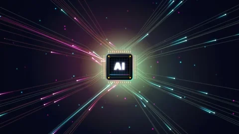 Artificial intelligence microchip emitting glowing data streams in digital .. Stock Footage 347995581