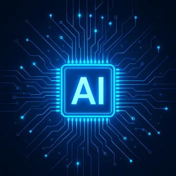 Artificial Intelligence Microchip with Glowing Blue Circuit 스톡 일러스트