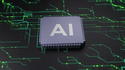 An artificial intelligence microchip processes data on a dark, intricate Stock Footage 334001409