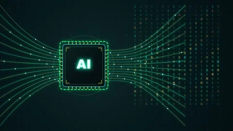 Artificial intelligence microchip processing binary data in digital neural .. Stock Footage 347718250