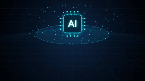 Artificial intelligence microchip processing data over digital network grid.. Vidéo 347995596