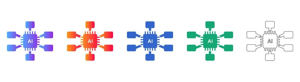 Artificial Intelligence Microchip Technology Icon Set 스톡 일러스트