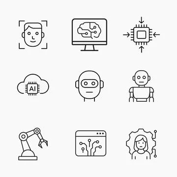 Artificial Intelligence Minimalist outline icon set representing, robotics 스톡 일러스트