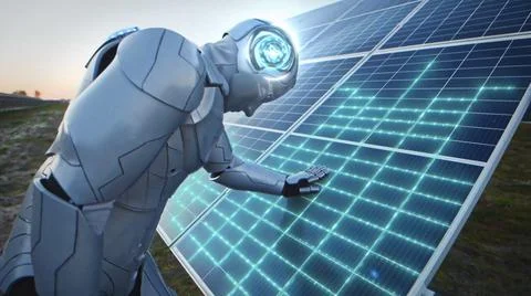 Artificial intelligence. Modern cybernetic robot man touching modern solar ba Stock Photos
