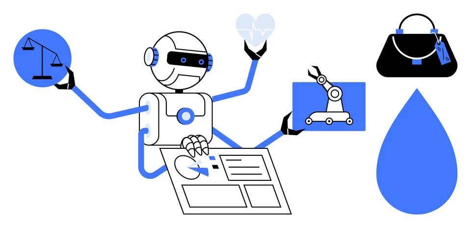Artificial intelligence, multitasking, industries, automation, justice, decis Stock Illustration