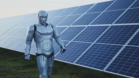 Artificial intelligence. Nano cybernetic robot man walking along modern solar Stock Photos
