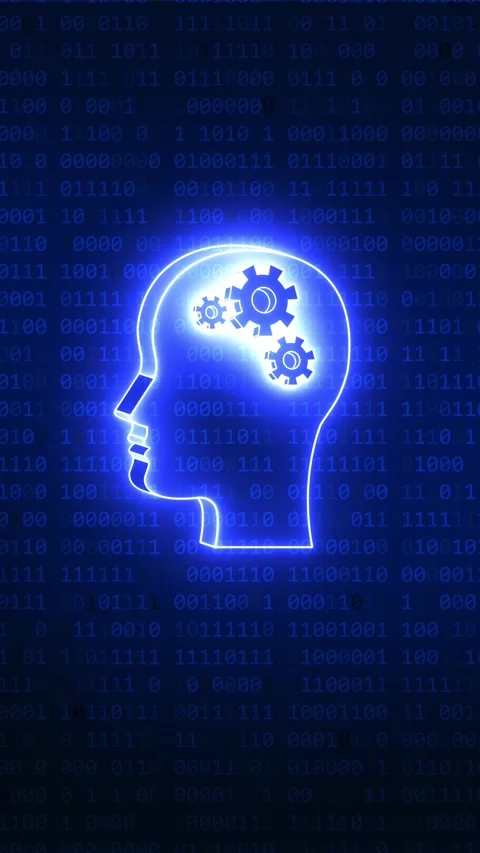 Artificial intelligence neon head with rotating gears and binary code Stock Footage 325077898