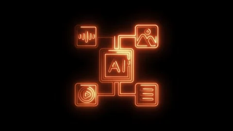 Artificial intelligence neon icon connecting different content types on dar.. Stock Footage 308178032