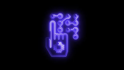 Artificial intelligence neon sign hand with microchip and connections Stock Footage 308191704