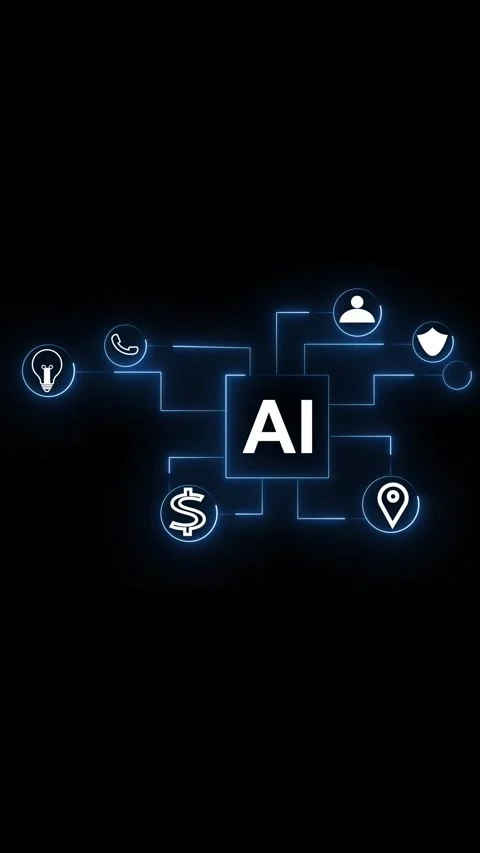 Artificial Intelligence network with interconnected icons and glowing blue .. Видео 344859358