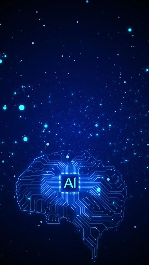 Artificial intelligence neural chip glowing circuit brain, floating blue particl Stock Footage 340471955