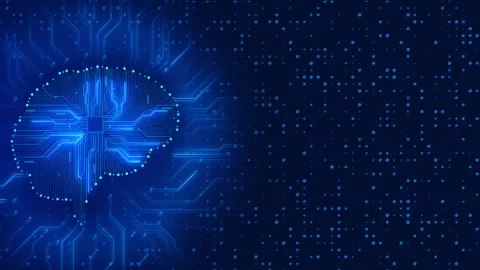 Artificial intelligence neural chip visual bright blue brain outline, circuit tr Stock Footage 340525432