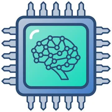 Artificial intelligence neural network brain microchip flat outline icon. Stock Illustration