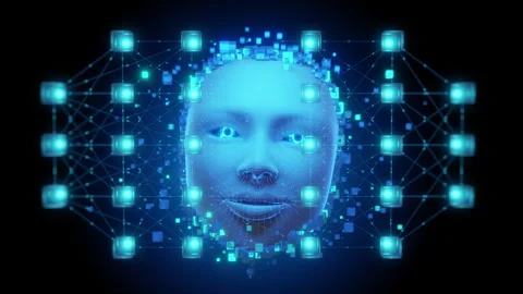 Artificial Intelligence Neural Network with Glowing Human Face 스톡 동영상 330883922