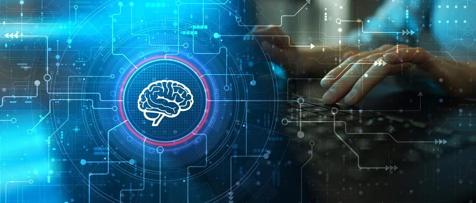 Artificial Intelligence Neural Network Interface with Digital Brain Visualiza 写真素材