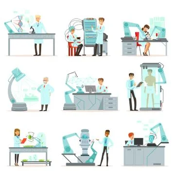 Artificial intelligence, new technologies set, scientists working in the Stock Illustration