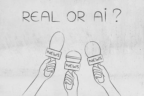 Artificial intelligence in news media, hands holding microphones with Real .. 库存插图