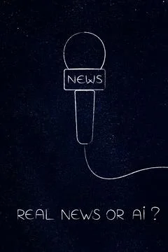 Artificial intelligence in news media, microphone with Real News or AI text Illustrazione stock