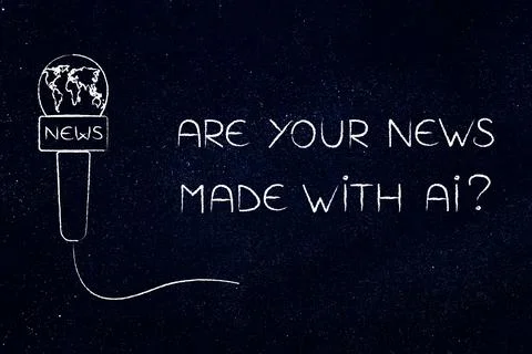 Artificial intelligence in news media, microphone with Are Your News Made W.. 库存插图