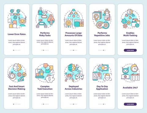 Artificial intelligence onboarding mobile app screen set Illustrazione stock