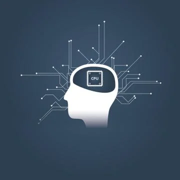Artificial intelligence or ai concept with human or android head and cpu instead Stock Illustration