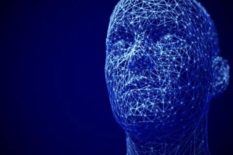 Artificial intelligence or deep machine learning concept: polygonal male face. Illustrazione stock