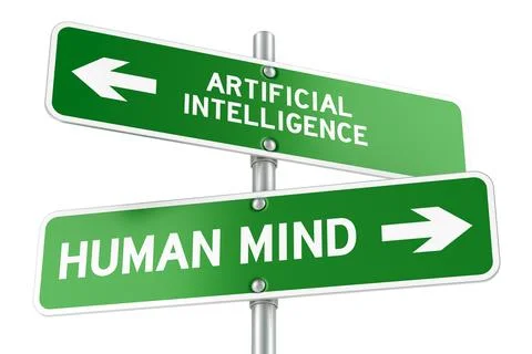Artificial Intelligence or Human Mind. Opposite traffic sign, 3D rendering Stock Illustration