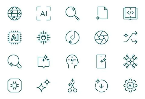 Artificial intelligence Outline icon set. featuring chat, magic, sparkle, s.. Illustrazione stock